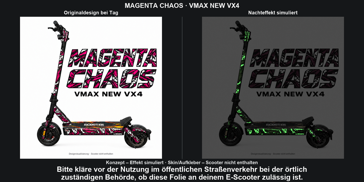 MAGENTA CHAOS · VMAX NEW VX4 – Original bei Tag und simulierter grüner Nachleuchteffekt; Effekt simuliert; Scooter nicht enthalten. Bitte kläre vor der Nutzung im öffentlichen Straßenverkehr bei der örtlich zuständigen Behörde, ob diese Folie an deinem E-Scooter zulässig ist.
