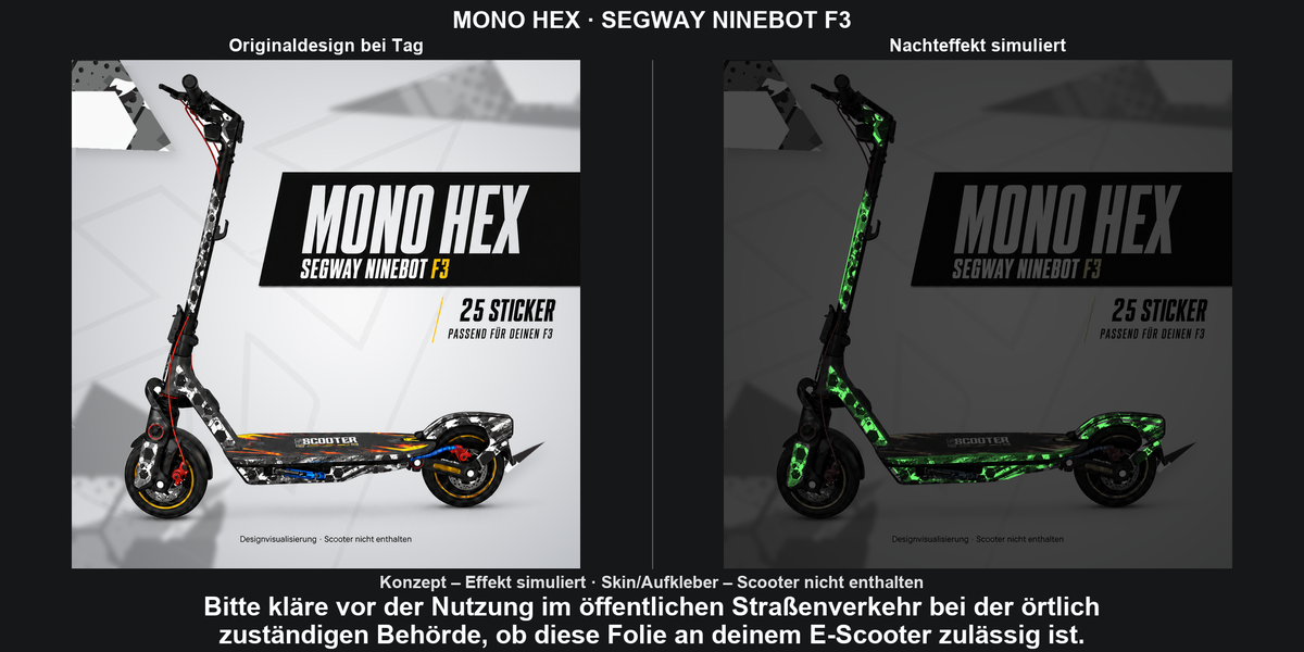 MONO HEX · SEGWAY NINEBOT F3 – Original bei Tag und simulierter grüner Nachleuchteffekt; Effekt simuliert; Scooter nicht enthalten. Bitte kläre vor der Nutzung im öffentlichen Straßenverkehr bei der örtlich zuständigen Behörde, ob diese Folie an deinem E-Scooter zulässig ist.