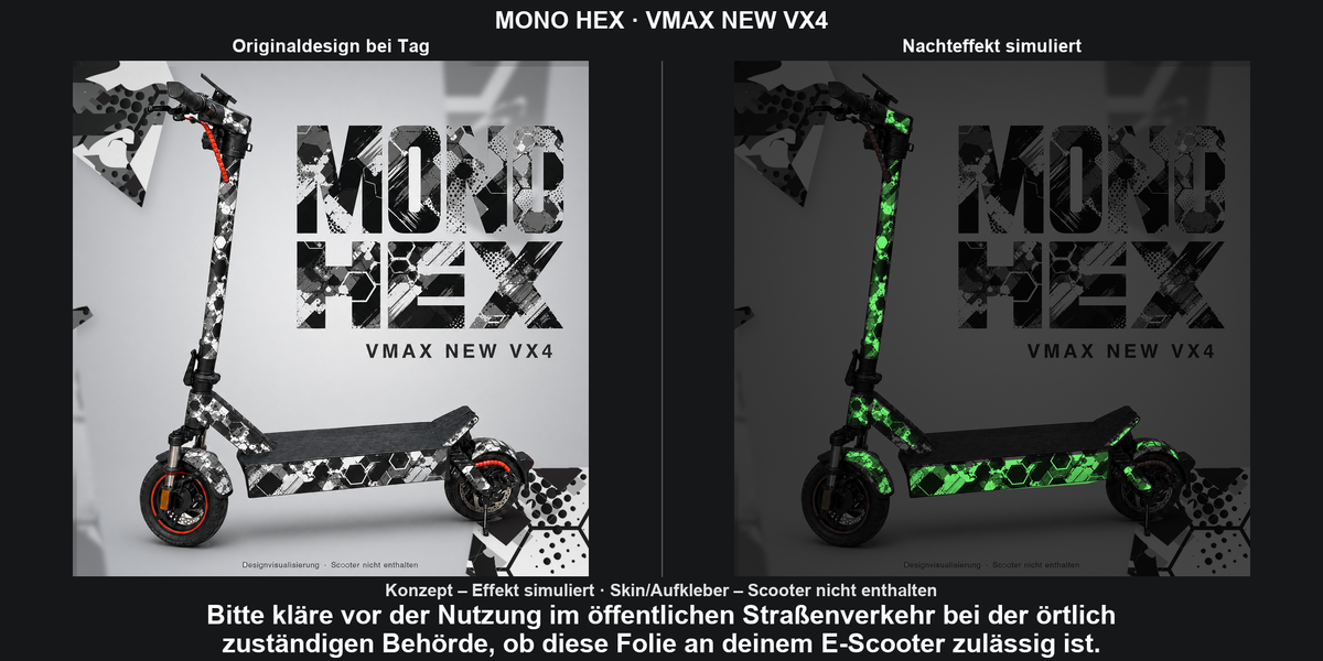 MONO HEX · VMAX NEW VX4 – Original bei Tag und simulierter grüner Nachleuchteffekt; Effekt simuliert; Scooter nicht enthalten. Bitte kläre vor der Nutzung im öffentlichen Straßenverkehr bei der örtlich zuständigen Behörde, ob diese Folie an deinem E-Scooter zulässig ist.