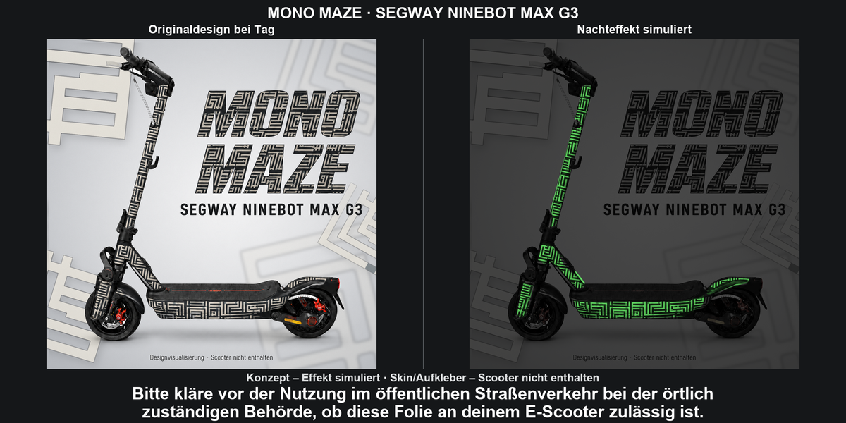 MONO MAZE · SEGWAY NINEBOT MAX G3 – Original bei Tag und simulierter grüner Nachleuchteffekt; Effekt simuliert; Scooter nicht enthalten. Bitte kläre vor der Nutzung im öffentlichen Straßenverkehr bei der örtlich zuständigen Behörde, ob diese Folie an deinem E-Scooter zulässig ist.