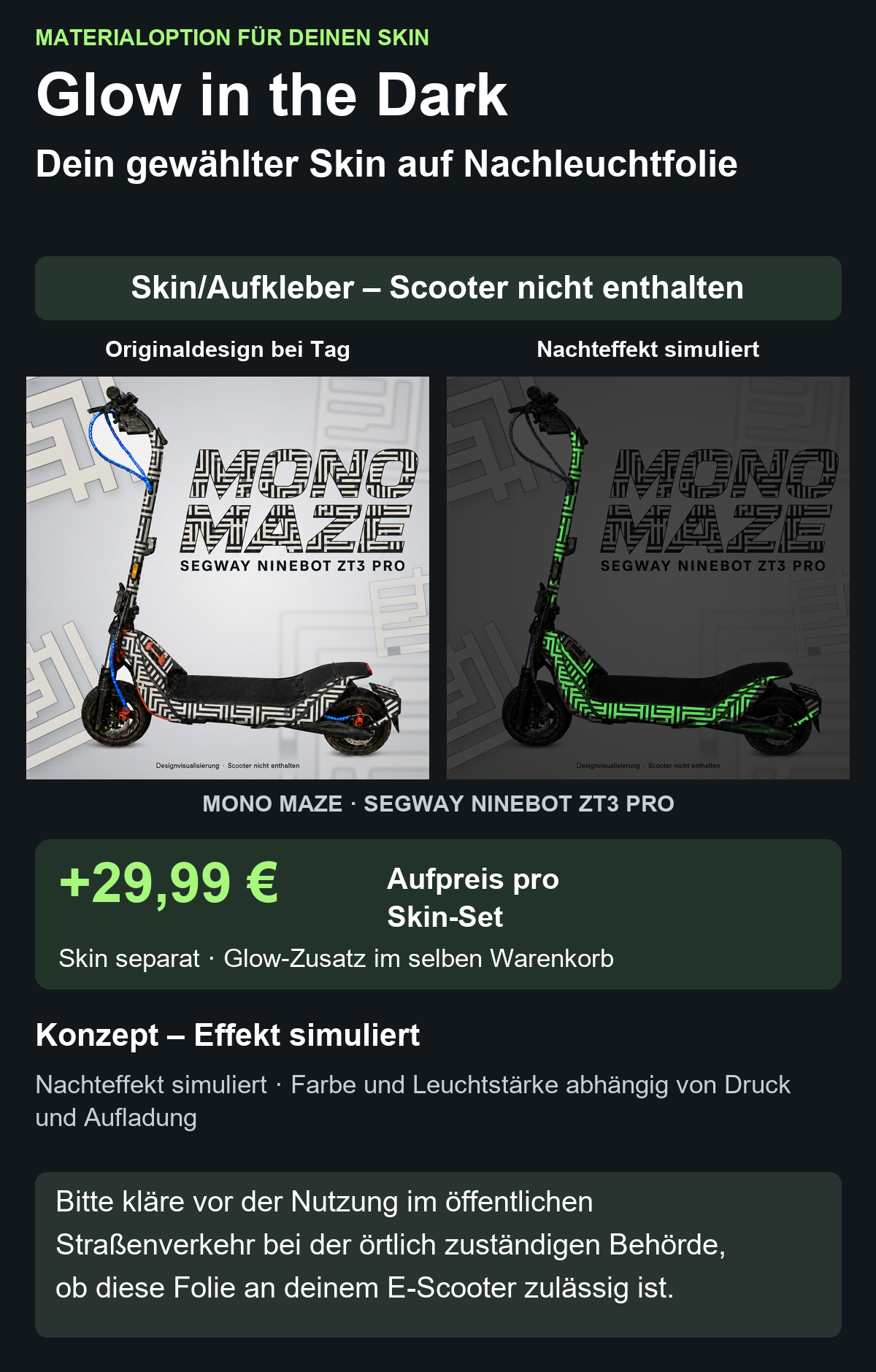 MONO MAZE · SEGWAY NINEBOT ZT3 PRO – Glow Zusatzoption +29,99 €; Skin separat; Effekt simuliert; Scooter nicht enthalten. Bitte kläre vor der Nutzung im öffentlichen Straßenverkehr bei der örtlich zuständigen Behörde, ob diese Folie an deinem E-Scooter zulässig ist.