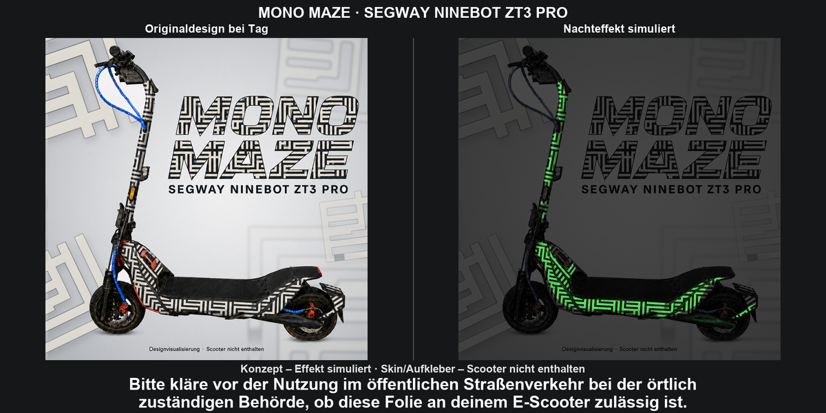 MONO MAZE · SEGWAY NINEBOT ZT3 PRO – Original bei Tag und simulierter grüner Nachleuchteffekt; Effekt simuliert; Scooter nicht enthalten. Bitte kläre vor der Nutzung im öffentlichen Straßenverkehr bei der örtlich zuständigen Behörde, ob diese Folie an deinem E-Scooter zulässig ist.