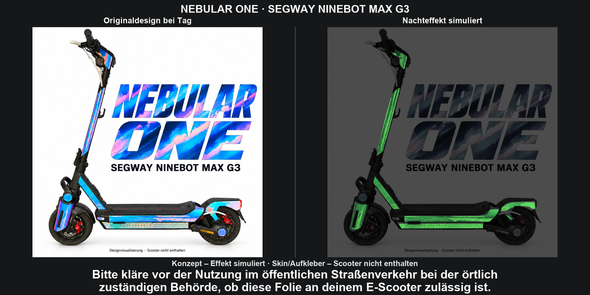 Nebular One auf MAX G3 – Originaldesign bei Tag und simulierter grüner Nachteffekt; Skin separat, Scooter nicht enthalten. Bitte kläre vor der Nutzung im öffentlichen Straßenverkehr bei der örtlich zuständigen Behörde, ob diese Folie an deinem E-Scooter zulässig ist.