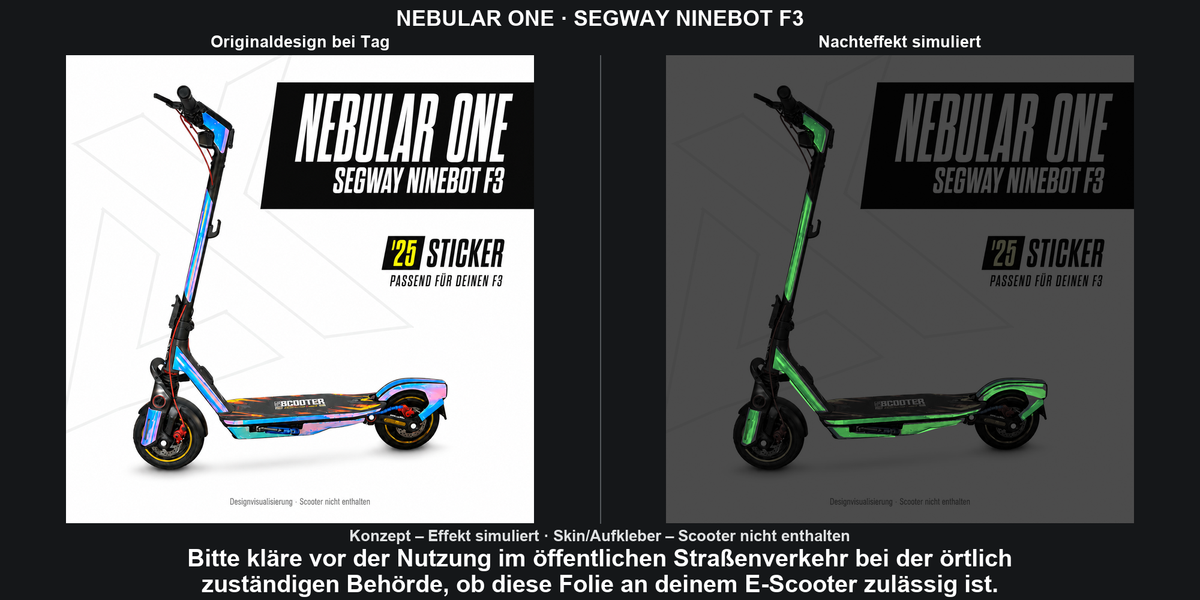 NEBULAR ONE · SEGWAY NINEBOT F3 – Original bei Tag und simulierter grüner Nachleuchteffekt; Effekt simuliert; Scooter nicht enthalten. Bitte kläre vor der Nutzung im öffentlichen Straßenverkehr bei der örtlich zuständigen Behörde, ob diese Folie an deinem E-Scooter zulässig ist.