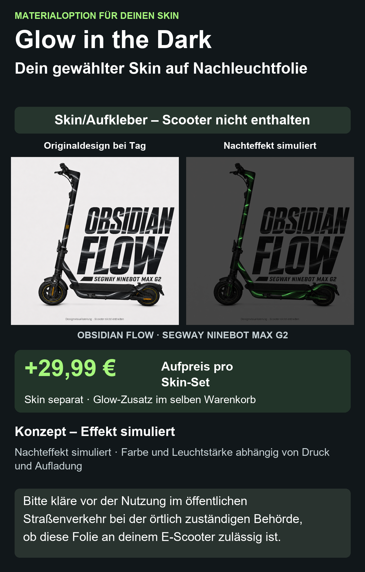 OBSIDIAN FLOW · SEGWAY NINEBOT MAX G2 – Glow Zusatzoption +29,99 €; Skin separat; Effekt simuliert; Scooter nicht enthalten. Bitte kläre vor der Nutzung im öffentlichen Straßenverkehr bei der örtlich zuständigen Behörde, ob diese Folie an deinem E-Scooter zulässig ist.