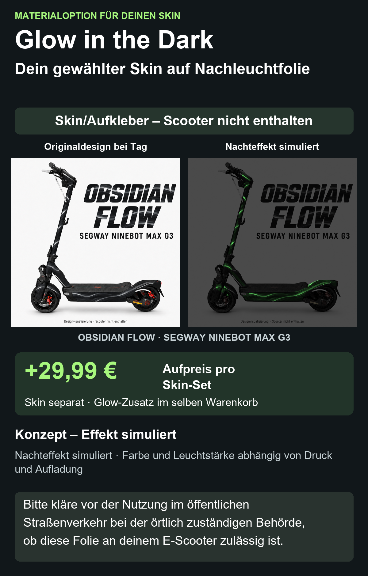 OBSIDIAN FLOW · SEGWAY NINEBOT MAX G3 – Glow Zusatzoption +29,99 €; Skin separat; Effekt simuliert; Scooter nicht enthalten. Bitte kläre vor der Nutzung im öffentlichen Straßenverkehr bei der örtlich zuständigen Behörde, ob diese Folie an deinem E-Scooter zulässig ist.