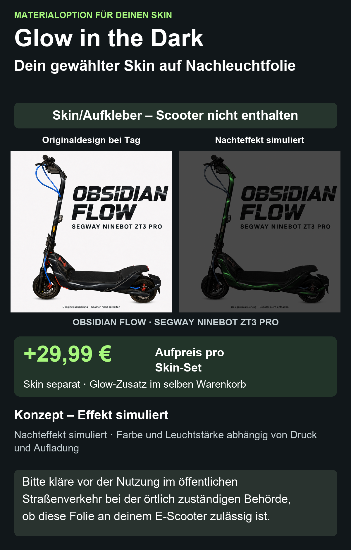 OBSIDIAN FLOW · SEGWAY NINEBOT ZT3 PRO – Glow Zusatzoption +29,99 €; Skin separat; Effekt simuliert; Scooter nicht enthalten. Bitte kläre vor der Nutzung im öffentlichen Straßenverkehr bei der örtlich zuständigen Behörde, ob diese Folie an deinem E-Scooter zulässig ist.