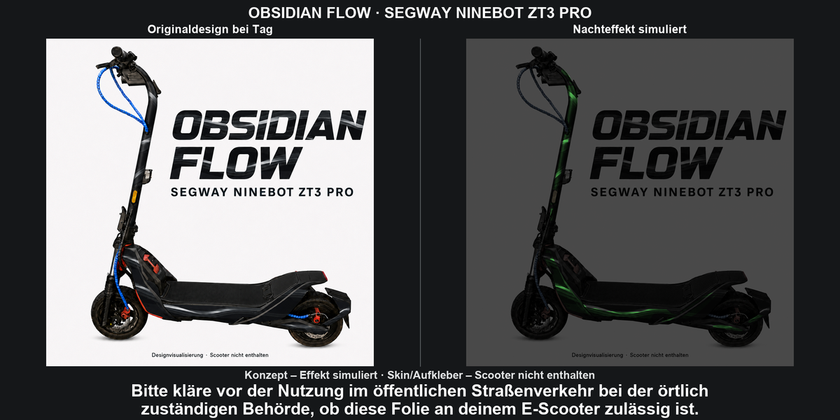 OBSIDIAN FLOW · SEGWAY NINEBOT ZT3 PRO – Original bei Tag und simulierter grüner Nachleuchteffekt; Effekt simuliert; Scooter nicht enthalten. Bitte kläre vor der Nutzung im öffentlichen Straßenverkehr bei der örtlich zuständigen Behörde, ob diese Folie an deinem E-Scooter zulässig ist.