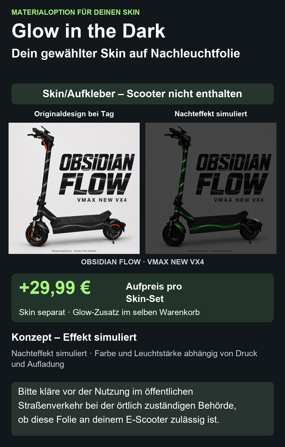 OBSIDIAN FLOW · VMAX NEW VX4 – Glow Zusatzoption +29,99 €; Skin separat; Effekt simuliert; Scooter nicht enthalten. Bitte kläre vor der Nutzung im öffentlichen Straßenverkehr bei der örtlich zuständigen Behörde, ob diese Folie an deinem E-Scooter zulässig ist.