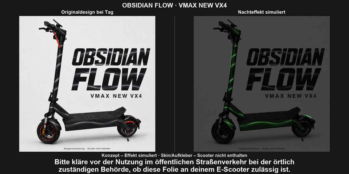 OBSIDIAN FLOW · VMAX NEW VX4 – Original bei Tag und simulierter grüner Nachleuchteffekt; Effekt simuliert; Scooter nicht enthalten. Bitte kläre vor der Nutzung im öffentlichen Straßenverkehr bei der örtlich zuständigen Behörde, ob diese Folie an deinem E-Scooter zulässig ist.