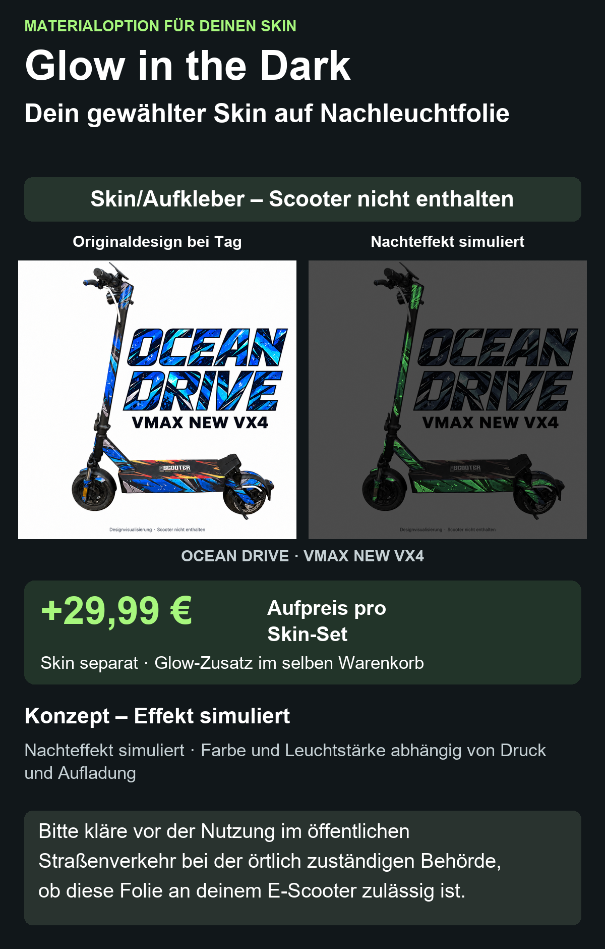 OCEAN DRIVE · VMAX NEW VX4 – Glow Zusatzoption +29,99 €; Skin separat; Effekt simuliert; Scooter nicht enthalten. Bitte kläre vor der Nutzung im öffentlichen Straßenverkehr bei der örtlich zuständigen Behörde, ob diese Folie an deinem E-Scooter zulässig ist.