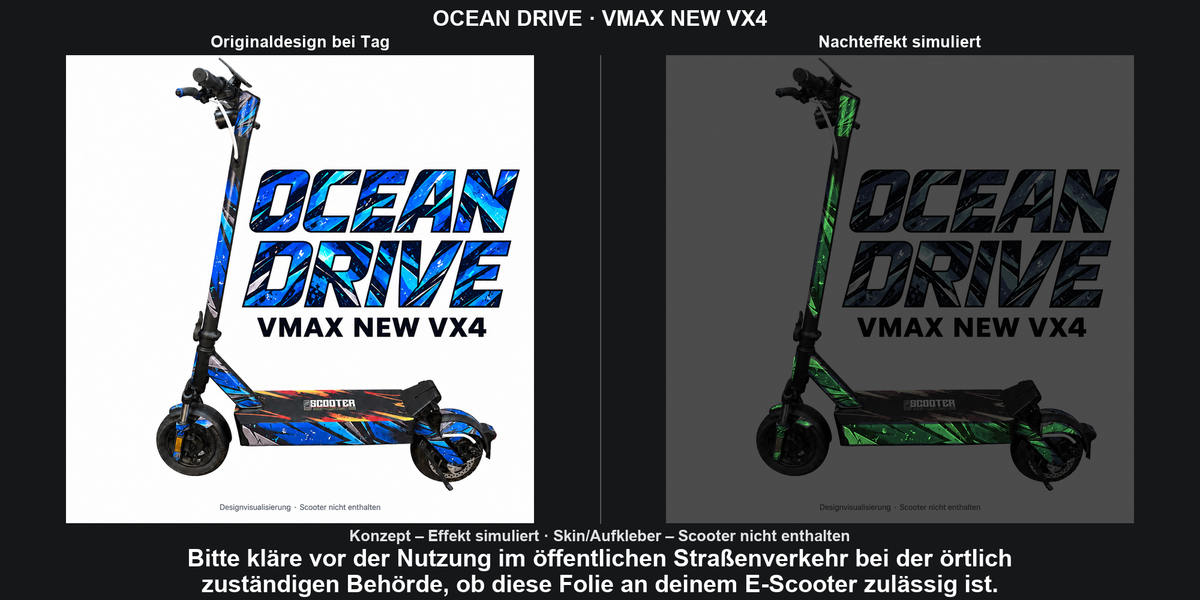 OCEAN DRIVE · VMAX NEW VX4 – Original bei Tag und simulierter grüner Nachleuchteffekt; Effekt simuliert; Scooter nicht enthalten. Bitte kläre vor der Nutzung im öffentlichen Straßenverkehr bei der örtlich zuständigen Behörde, ob diese Folie an deinem E-Scooter zulässig ist.
