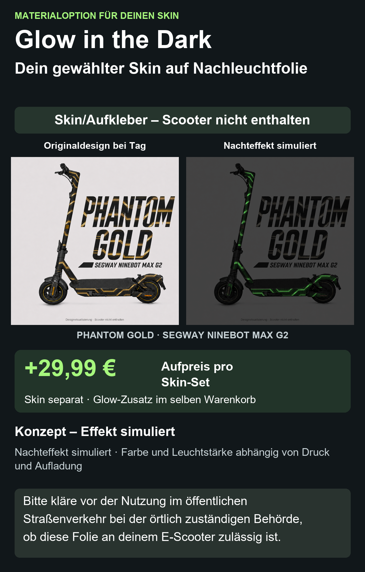 PHANTOM GOLD · SEGWAY NINEBOT MAX G2 – Glow Zusatzoption +29,99 €; Skin separat; Effekt simuliert; Scooter nicht enthalten. Bitte kläre vor der Nutzung im öffentlichen Straßenverkehr bei der örtlich zuständigen Behörde, ob diese Folie an deinem E-Scooter zulässig ist.