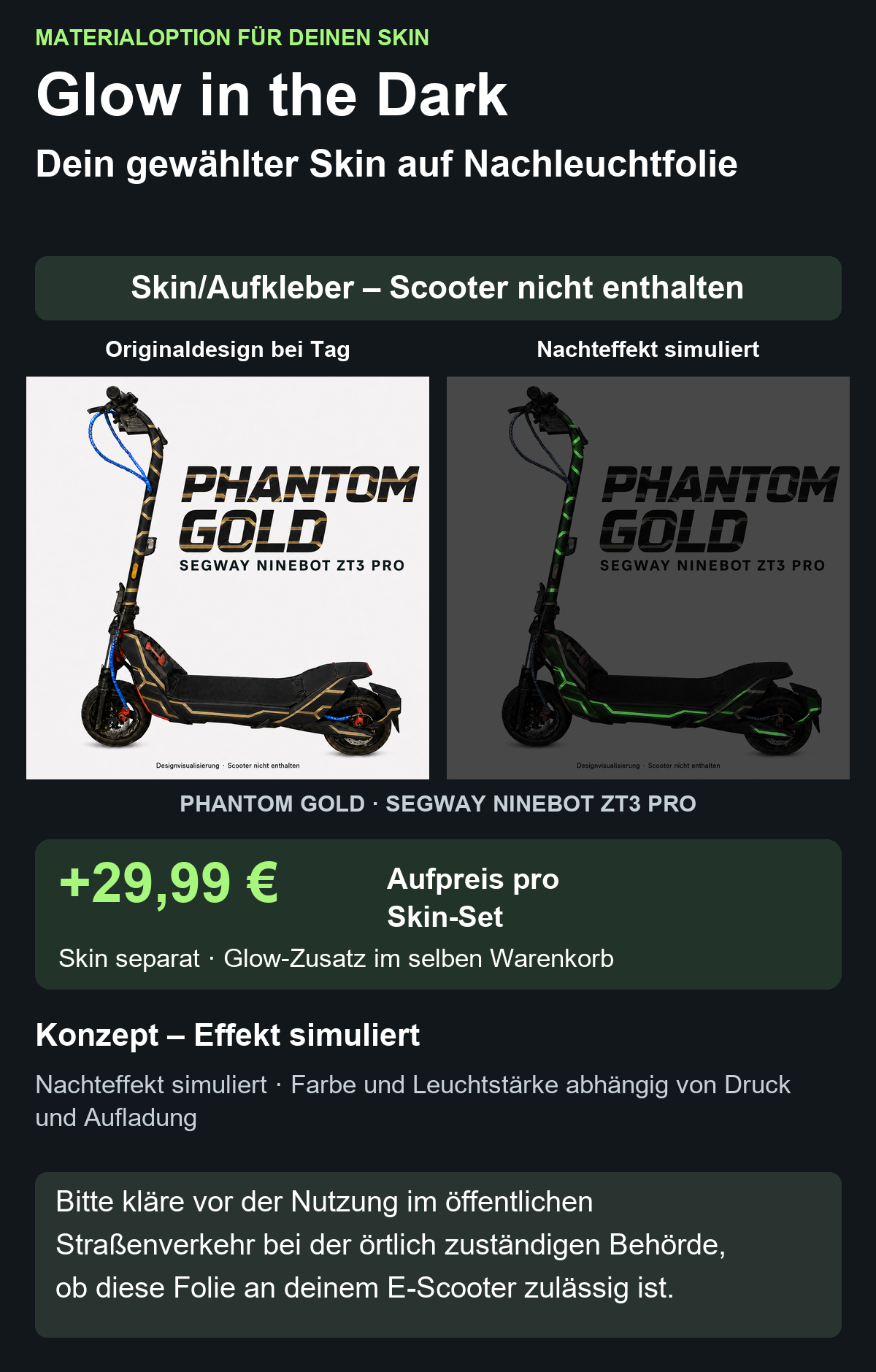 PHANTOM GOLD · SEGWAY NINEBOT ZT3 PRO – Glow Zusatzoption +29,99 €; Skin separat; Effekt simuliert; Scooter nicht enthalten. Bitte kläre vor der Nutzung im öffentlichen Straßenverkehr bei der örtlich zuständigen Behörde, ob diese Folie an deinem E-Scooter zulässig ist.