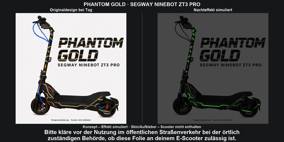 PHANTOM GOLD · SEGWAY NINEBOT ZT3 PRO – Original bei Tag und simulierter grüner Nachleuchteffekt; Effekt simuliert; Scooter nicht enthalten. Bitte kläre vor der Nutzung im öffentlichen Straßenverkehr bei der örtlich zuständigen Behörde, ob diese Folie an deinem E-Scooter zulässig ist.