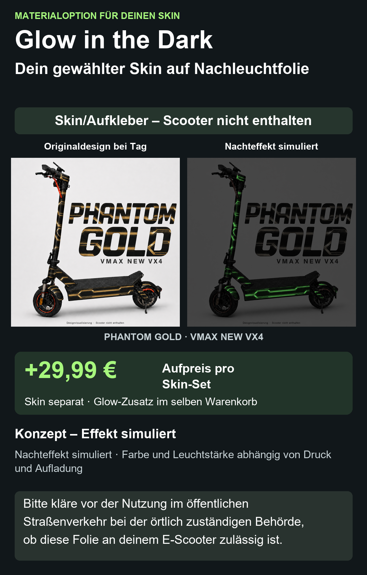 PHANTOM GOLD · VMAX NEW VX4 – Glow Zusatzoption +29,99 €; Skin separat; Effekt simuliert; Scooter nicht enthalten. Bitte kläre vor der Nutzung im öffentlichen Straßenverkehr bei der örtlich zuständigen Behörde, ob diese Folie an deinem E-Scooter zulässig ist.