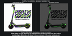 PURPLE VS GREEN · SEGWAY NINEBOT E3 – Original bei Tag und simulierter grüner Nachleuchteffekt; Effekt simuliert; Scooter nicht enthalten. Bitte kläre vor der Nutzung im öffentlichen Straßenverkehr bei der örtlich zuständigen Behörde, ob diese Folie an deinem E-Scooter zulässig ist.