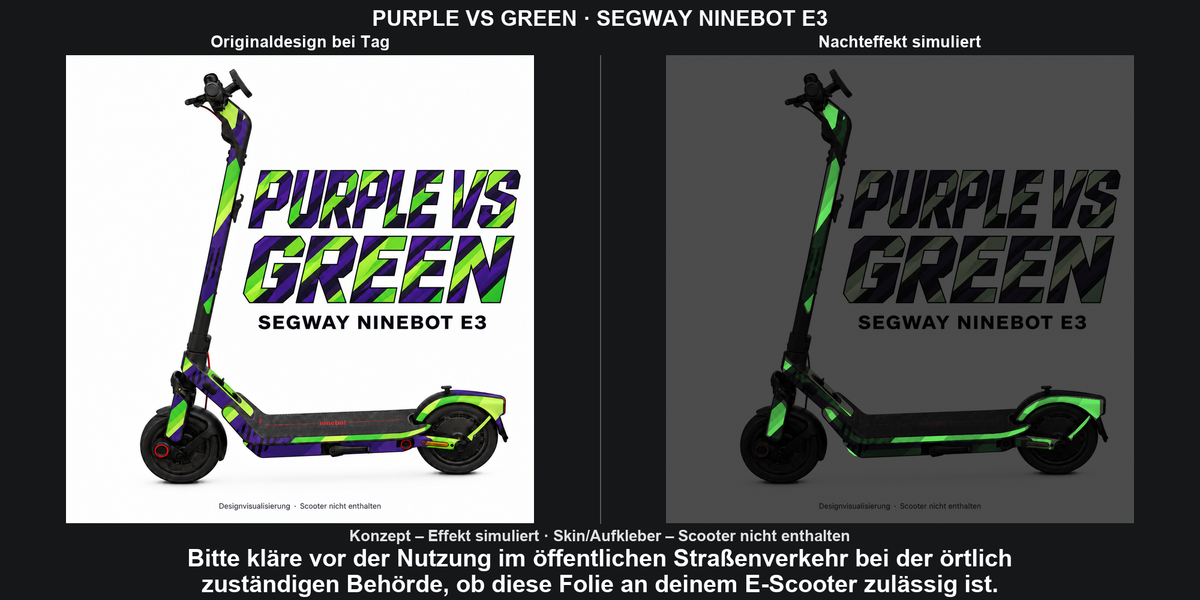 PURPLE VS GREEN · SEGWAY NINEBOT E3 – Original bei Tag und simulierter grüner Nachleuchteffekt; Effekt simuliert; Scooter nicht enthalten. Bitte kläre vor der Nutzung im öffentlichen Straßenverkehr bei der örtlich zuständigen Behörde, ob diese Folie an deinem E-Scooter zulässig ist.