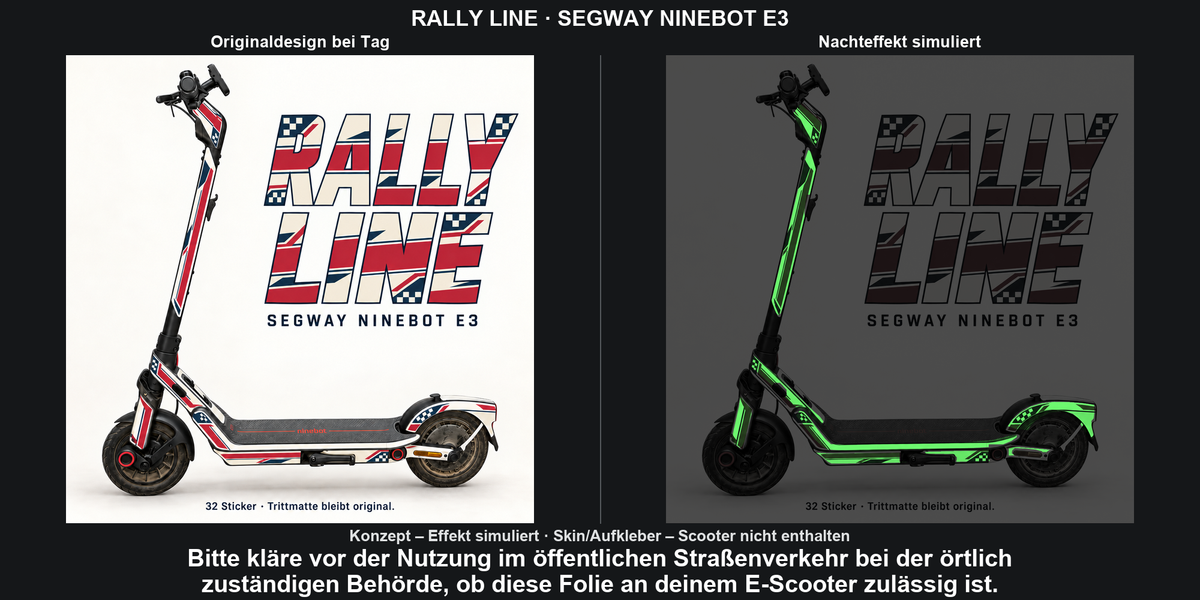 RALLY LINE · SEGWAY NINEBOT E3 – Original bei Tag und simulierter grüner Nachleuchteffekt; Effekt simuliert; Scooter nicht enthalten. Bitte kläre vor der Nutzung im öffentlichen Straßenverkehr bei der örtlich zuständigen Behörde, ob diese Folie an deinem E-Scooter zulässig ist.