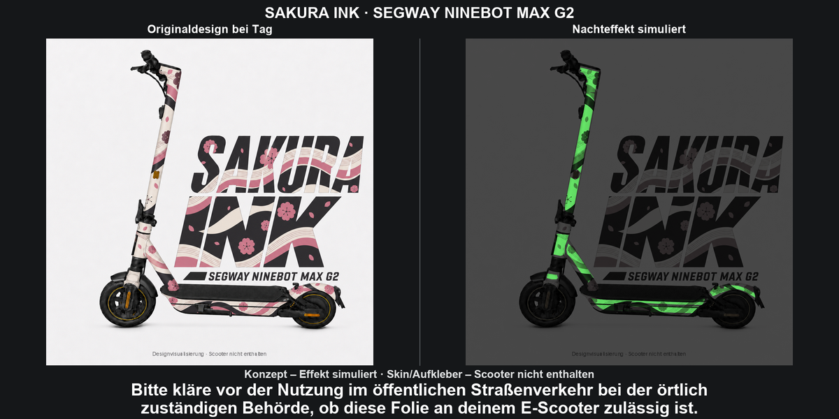 SAKURA INK · SEGWAY NINEBOT MAX G2 – Original bei Tag und simulierter grüner Nachleuchteffekt; Effekt simuliert; Scooter nicht enthalten. Bitte kläre vor der Nutzung im öffentlichen Straßenverkehr bei der örtlich zuständigen Behörde, ob diese Folie an deinem E-Scooter zulässig ist.
