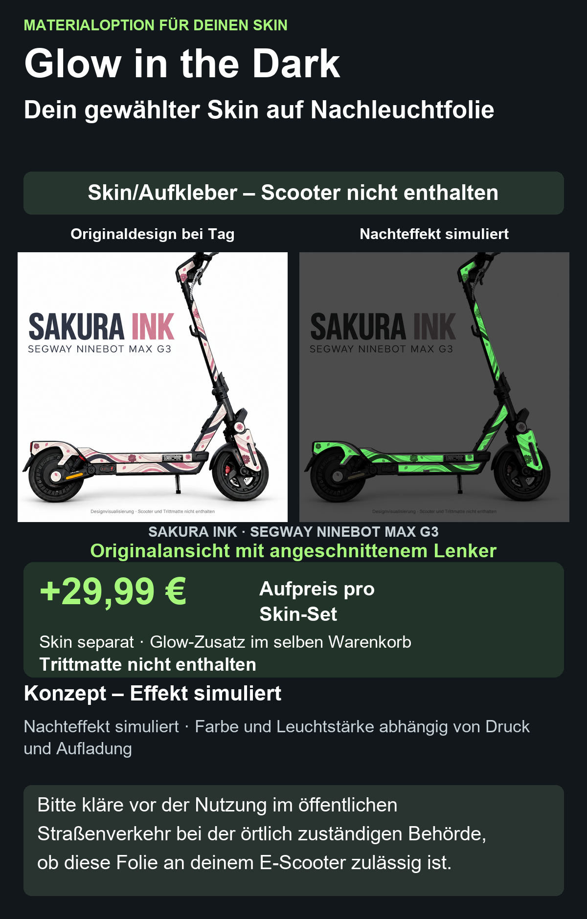 Originalansicht mit angeschnittenem Lenker; SAKURA INK · SEGWAY NINEBOT MAX G3 – Glow Zusatzoption +29,99 €; Skin separat; Effekt simuliert; Scooter nicht enthalten. Bitte kläre vor der Nutzung im öffentlichen Straßenverkehr bei der örtlich zuständigen Behörde, ob diese Folie an deinem E-Scooter zulässig ist.