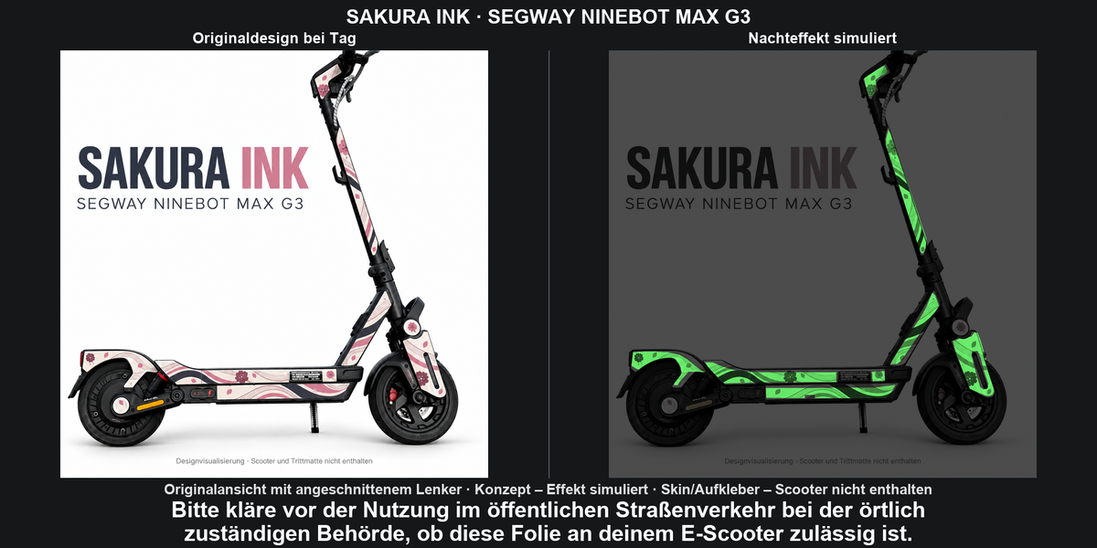 Originalansicht mit angeschnittenem Lenker; SAKURA INK · SEGWAY NINEBOT MAX G3 – Original bei Tag und simulierter grüner Nachleuchteffekt; Effekt simuliert; Scooter nicht enthalten. Bitte kläre vor der Nutzung im öffentlichen Straßenverkehr bei der örtlich zuständigen Behörde, ob diese Folie an deinem E-Scooter zulässig ist.