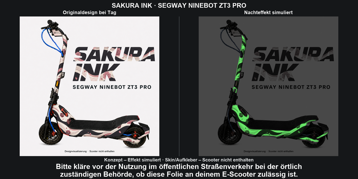 SAKURA INK · SEGWAY NINEBOT ZT3 PRO – Original bei Tag und simulierter grüner Nachleuchteffekt; Effekt simuliert; Scooter nicht enthalten. Bitte kläre vor der Nutzung im öffentlichen Straßenverkehr bei der örtlich zuständigen Behörde, ob diese Folie an deinem E-Scooter zulässig ist.