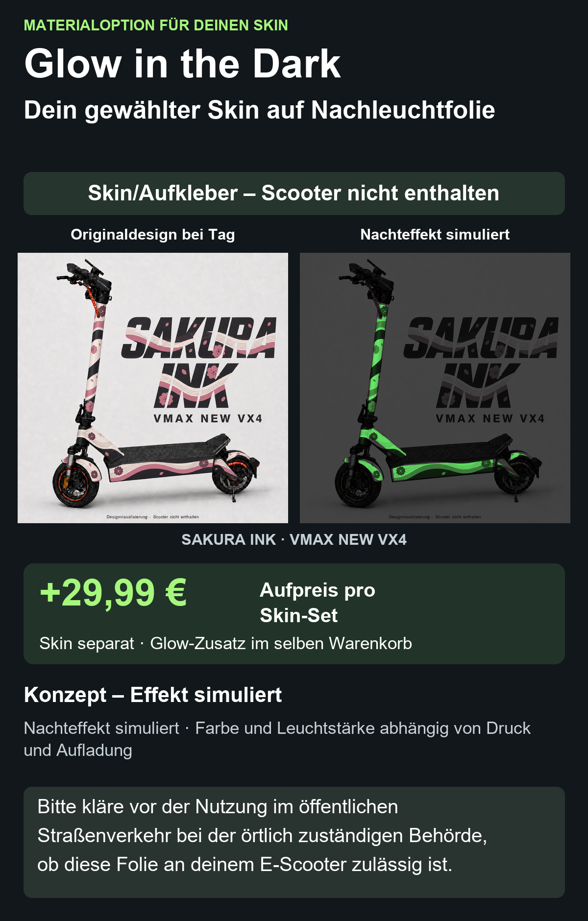 SAKURA INK · VMAX NEW VX4 – Glow Zusatzoption +29,99 €; Skin separat; Effekt simuliert; Scooter nicht enthalten. Bitte kläre vor der Nutzung im öffentlichen Straßenverkehr bei der örtlich zuständigen Behörde, ob diese Folie an deinem E-Scooter zulässig ist.