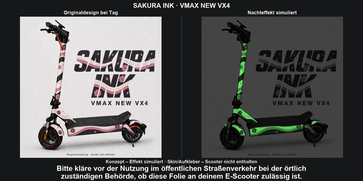 SAKURA INK · VMAX NEW VX4 – Original bei Tag und simulierter grüner Nachleuchteffekt; Effekt simuliert; Scooter nicht enthalten. Bitte kläre vor der Nutzung im öffentlichen Straßenverkehr bei der örtlich zuständigen Behörde, ob diese Folie an deinem E-Scooter zulässig ist.