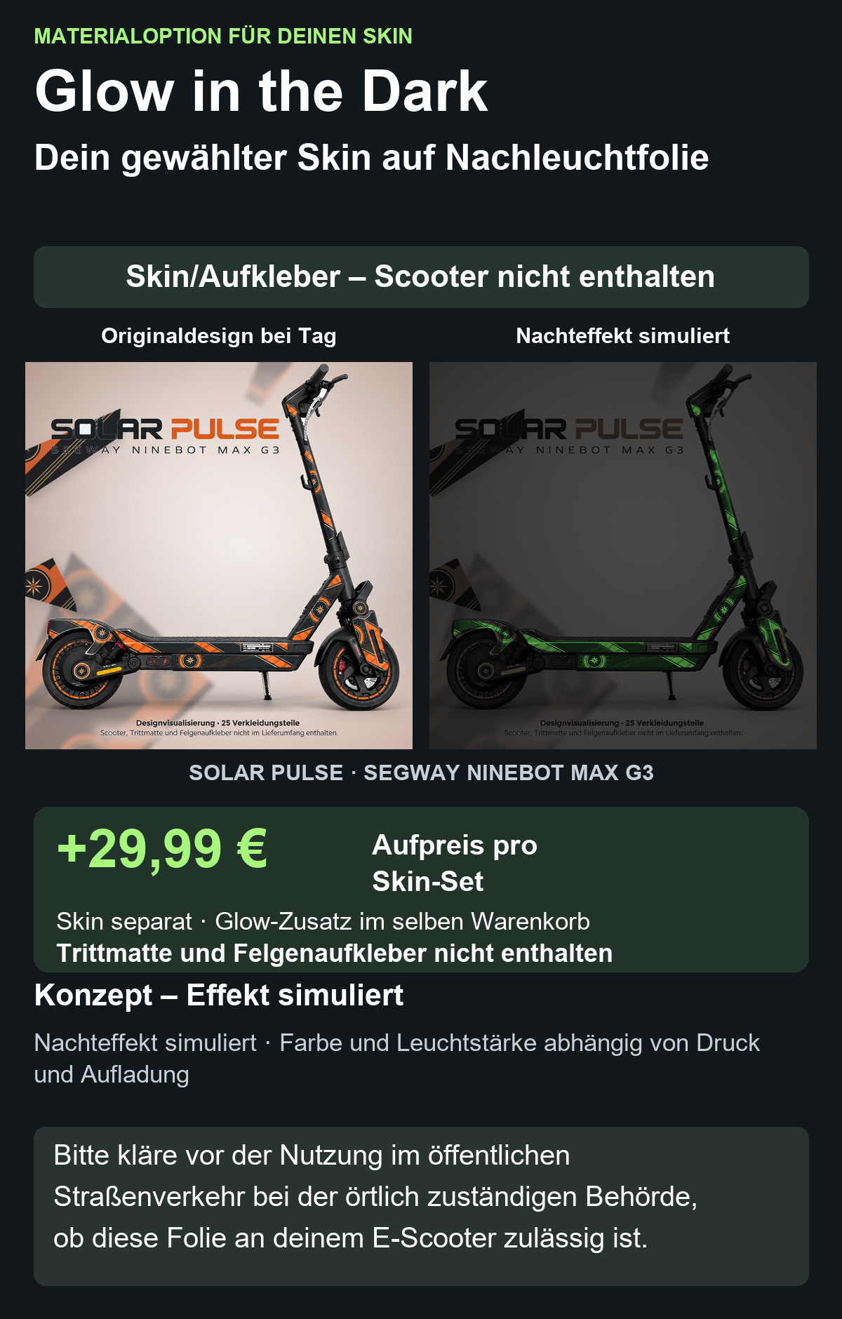 SOLAR PULSE · SEGWAY NINEBOT MAX G3 – Glow Zusatzoption +29,99 €; Skin separat; Effekt simuliert; Scooter nicht enthalten. Bitte kläre vor der Nutzung im öffentlichen Straßenverkehr bei der örtlich zuständigen Behörde, ob diese Folie an deinem E-Scooter zulässig ist.