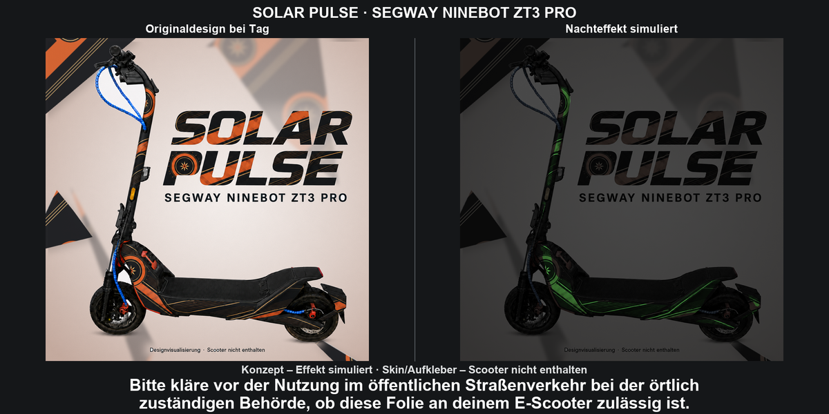 SOLAR PULSE · SEGWAY NINEBOT ZT3 PRO – Original bei Tag und simulierter grüner Nachleuchteffekt; Effekt simuliert; Scooter nicht enthalten. Bitte kläre vor der Nutzung im öffentlichen Straßenverkehr bei der örtlich zuständigen Behörde, ob diese Folie an deinem E-Scooter zulässig ist.