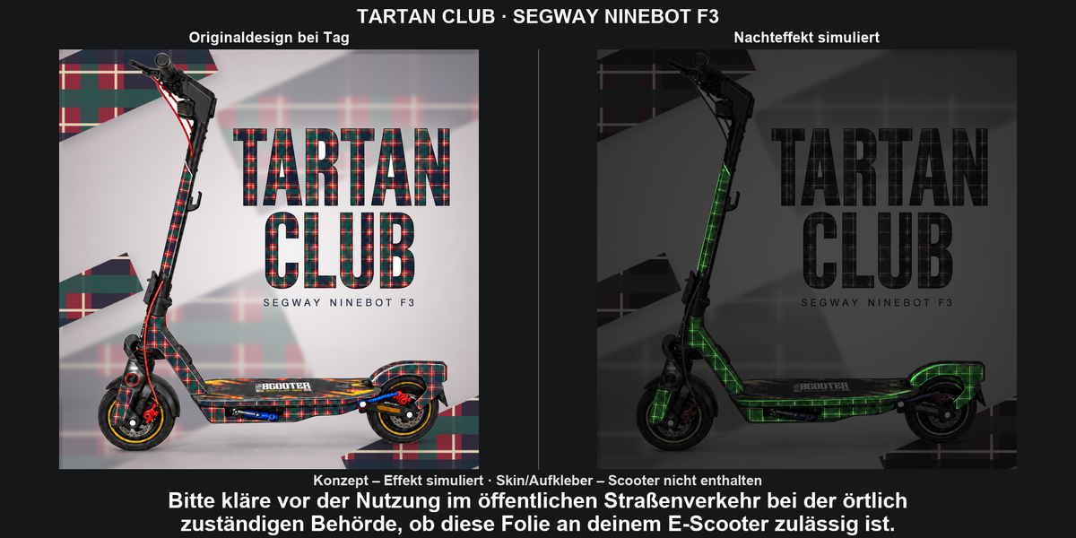 TARTAN CLUB · SEGWAY NINEBOT F3 – Original bei Tag und simulierter grüner Nachleuchteffekt; Effekt simuliert; Scooter nicht enthalten. Bitte kläre vor der Nutzung im öffentlichen Straßenverkehr bei der örtlich zuständigen Behörde, ob diese Folie an deinem E-Scooter zulässig ist.