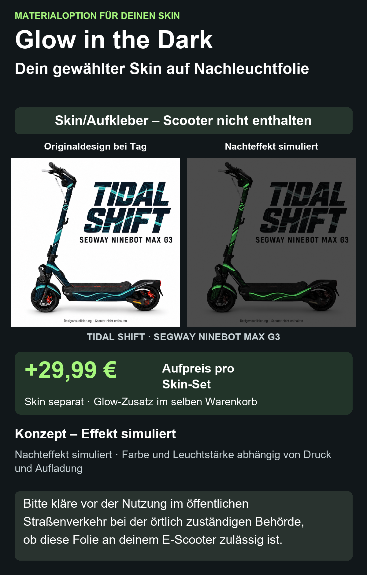 TIDAL SHIFT · SEGWAY NINEBOT MAX G3 – Glow Zusatzoption +29,99 €; Skin separat; Effekt simuliert; Scooter nicht enthalten. Bitte kläre vor der Nutzung im öffentlichen Straßenverkehr bei der örtlich zuständigen Behörde, ob diese Folie an deinem E-Scooter zulässig ist.