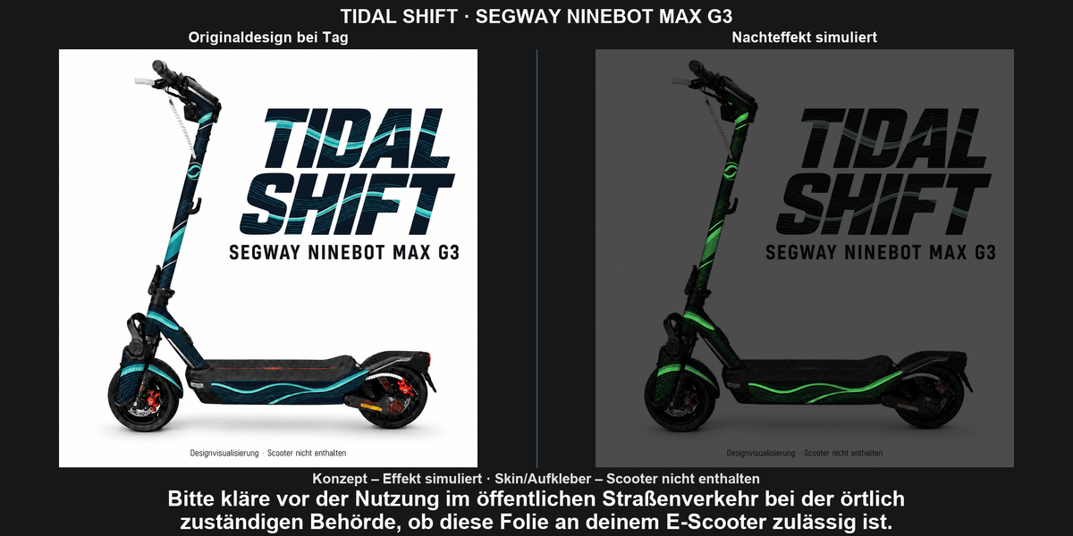 TIDAL SHIFT · SEGWAY NINEBOT MAX G3 – Original bei Tag und simulierter grüner Nachleuchteffekt; Effekt simuliert; Scooter nicht enthalten. Bitte kläre vor der Nutzung im öffentlichen Straßenverkehr bei der örtlich zuständigen Behörde, ob diese Folie an deinem E-Scooter zulässig ist.