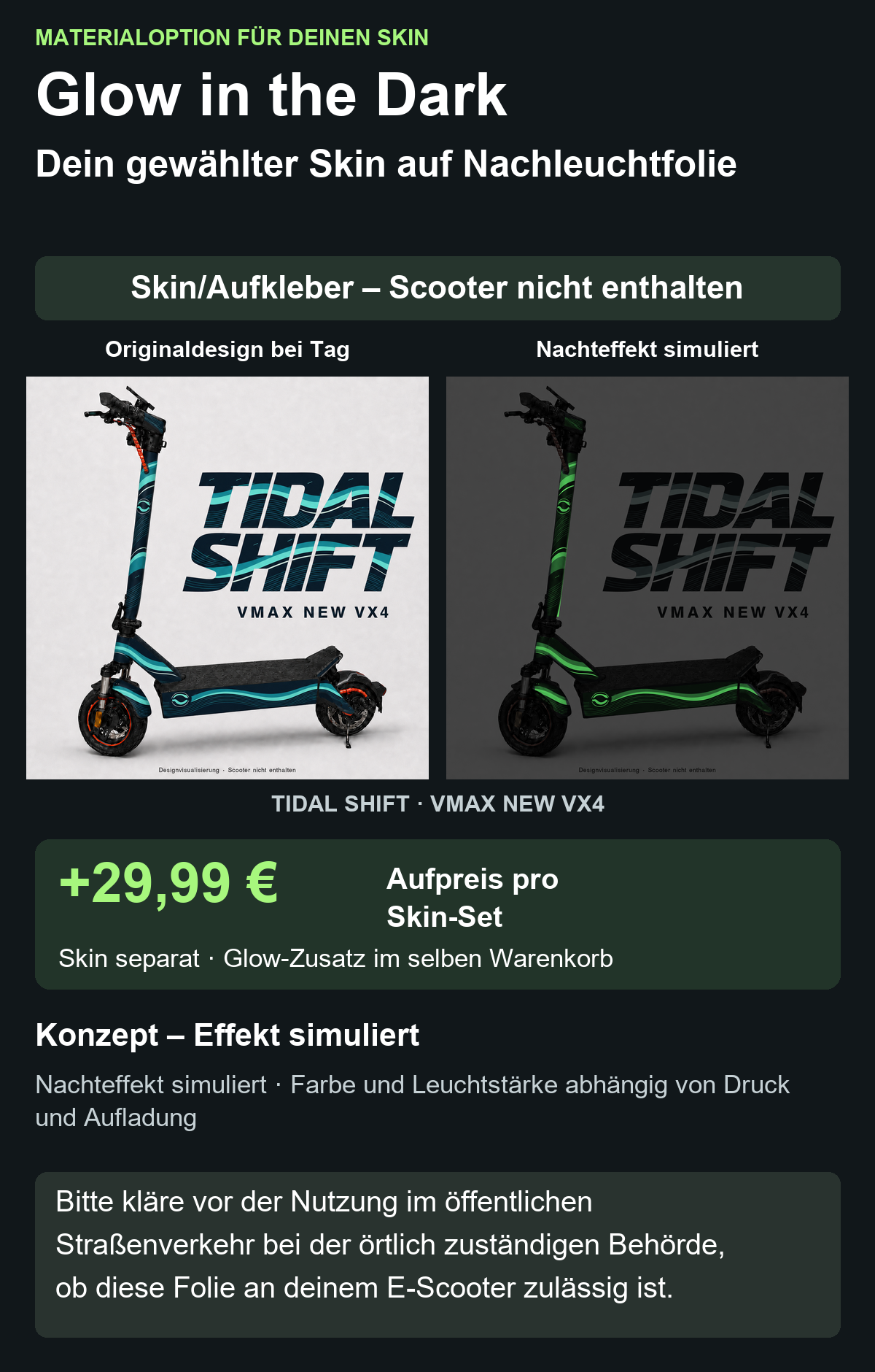 TIDAL SHIFT · VMAX NEW VX4 – Glow Zusatzoption +29,99 €; Skin separat; Effekt simuliert; Scooter nicht enthalten. Bitte kläre vor der Nutzung im öffentlichen Straßenverkehr bei der örtlich zuständigen Behörde, ob diese Folie an deinem E-Scooter zulässig ist.