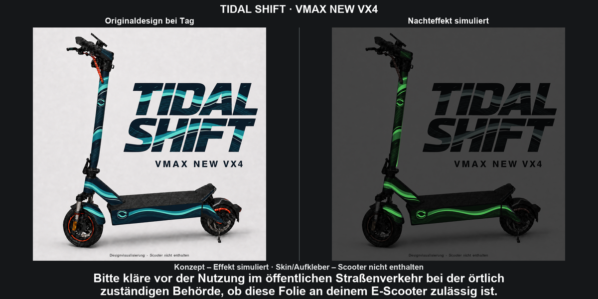 TIDAL SHIFT · VMAX NEW VX4 – Original bei Tag und simulierter grüner Nachleuchteffekt; Effekt simuliert; Scooter nicht enthalten. Bitte kläre vor der Nutzung im öffentlichen Straßenverkehr bei der örtlich zuständigen Behörde, ob diese Folie an deinem E-Scooter zulässig ist.