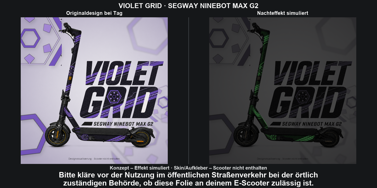 VIOLET GRID · SEGWAY NINEBOT MAX G2 – Original bei Tag und simulierter grüner Nachleuchteffekt; Effekt simuliert; Scooter nicht enthalten. Bitte kläre vor der Nutzung im öffentlichen Straßenverkehr bei der örtlich zuständigen Behörde, ob diese Folie an deinem E-Scooter zulässig ist.