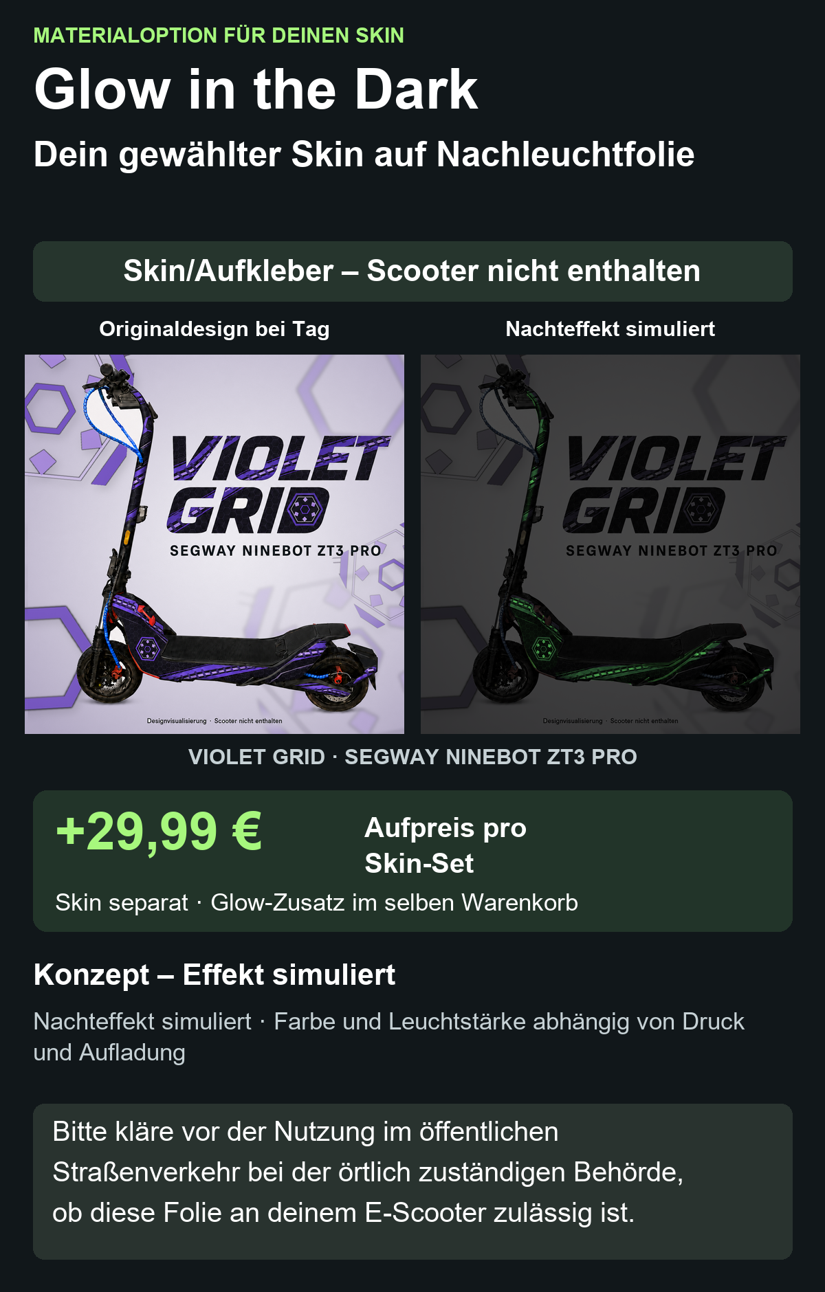 VIOLET GRID · SEGWAY NINEBOT ZT3 PRO – Glow Zusatzoption +29,99 €; Skin separat; Effekt simuliert; Scooter nicht enthalten. Bitte kläre vor der Nutzung im öffentlichen Straßenverkehr bei der örtlich zuständigen Behörde, ob diese Folie an deinem E-Scooter zulässig ist.