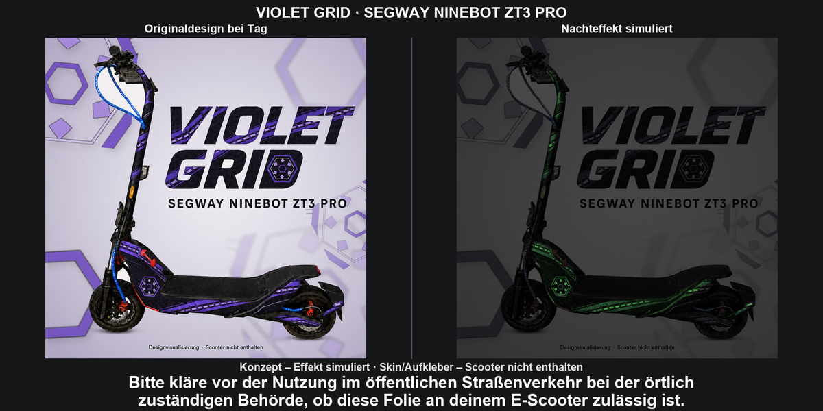 VIOLET GRID · SEGWAY NINEBOT ZT3 PRO – Original bei Tag und simulierter grüner Nachleuchteffekt; Effekt simuliert; Scooter nicht enthalten. Bitte kläre vor der Nutzung im öffentlichen Straßenverkehr bei der örtlich zuständigen Behörde, ob diese Folie an deinem E-Scooter zulässig ist.