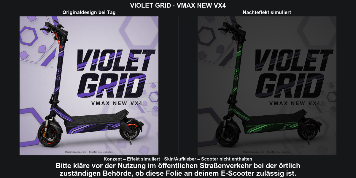 VIOLET GRID · VMAX NEW VX4 – Original bei Tag und simulierter grüner Nachleuchteffekt; Effekt simuliert; Scooter nicht enthalten. Bitte kläre vor der Nutzung im öffentlichen Straßenverkehr bei der örtlich zuständigen Behörde, ob diese Folie an deinem E-Scooter zulässig ist.
