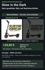 YELLOW CYBER CAMOUFLAGE · SEGWAY NINEBOT F3 – Glow Zusatzoption +29,99 €; Skin separat; Effekt simuliert; Scooter nicht enthalten. Bitte kläre vor der Nutzung im öffentlichen Straßenverkehr bei der örtlich zuständigen Behörde, ob diese Folie an deinem E-Scooter zulässig ist.