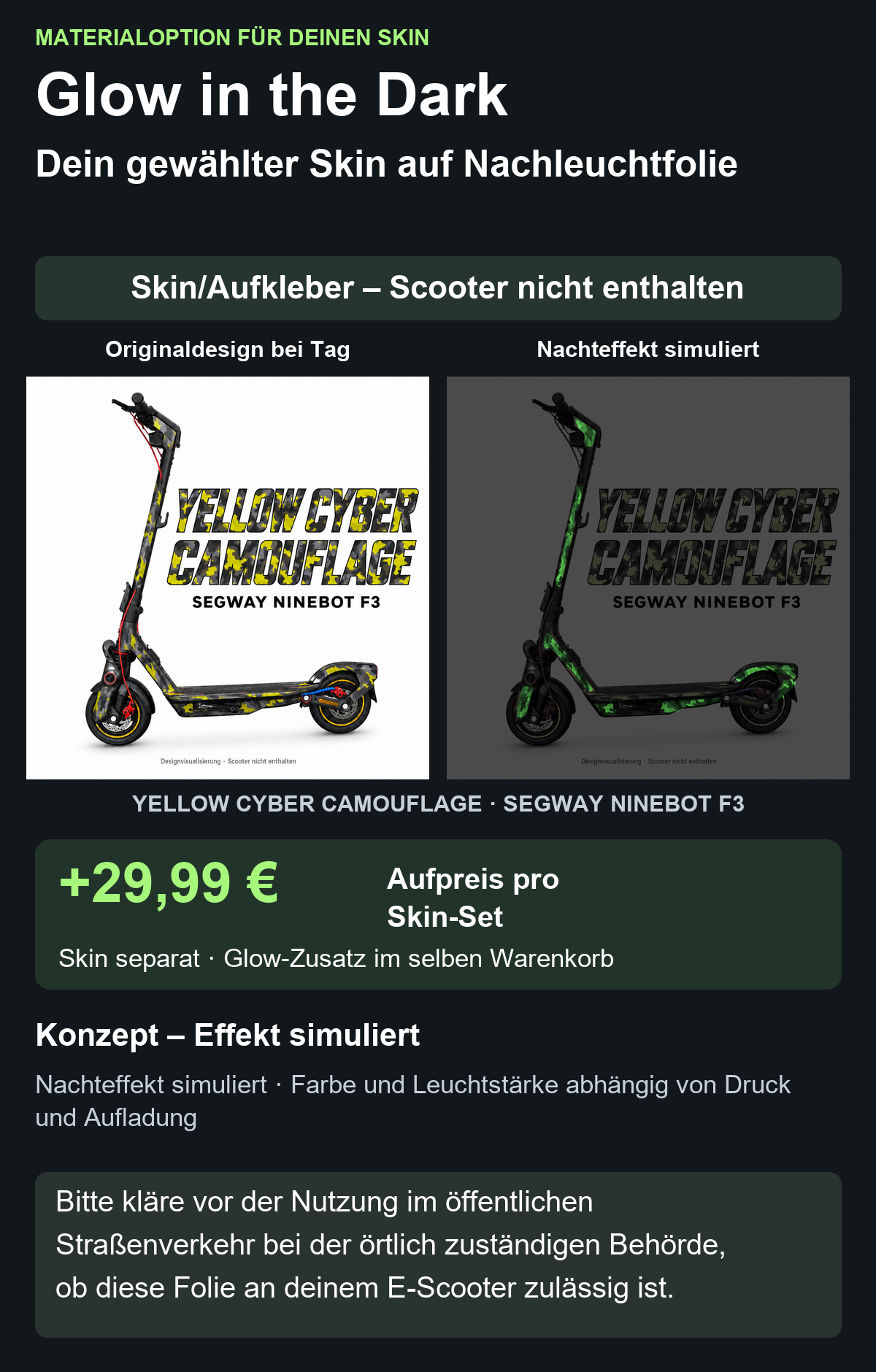 YELLOW CYBER CAMOUFLAGE · SEGWAY NINEBOT F3 – Glow Zusatzoption +29,99 €; Skin separat; Effekt simuliert; Scooter nicht enthalten. Bitte kläre vor der Nutzung im öffentlichen Straßenverkehr bei der örtlich zuständigen Behörde, ob diese Folie an deinem E-Scooter zulässig ist.