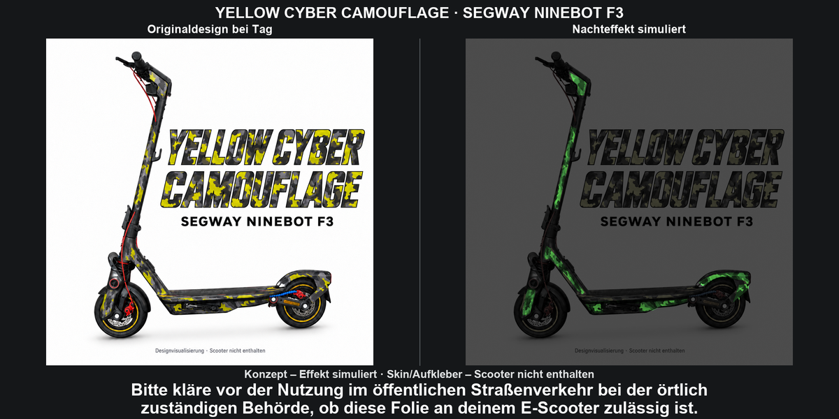 YELLOW CYBER CAMOUFLAGE · SEGWAY NINEBOT F3 – Original bei Tag und simulierter grüner Nachleuchteffekt; Effekt simuliert; Scooter nicht enthalten. Bitte kläre vor der Nutzung im öffentlichen Straßenverkehr bei der örtlich zuständigen Behörde, ob diese Folie an deinem E-Scooter zulässig ist.