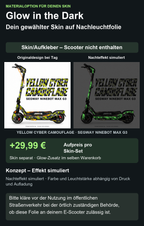 YELLOW CYBER CAMOUFLAGE · SEGWAY NINEBOT MAX G3 – Glow Zusatzoption +29,99 €; Skin separat; Effekt simuliert; Scooter nicht enthalten. Bitte kläre vor der Nutzung im öffentlichen Straßenverkehr bei der örtlich zuständigen Behörde, ob diese Folie an deinem E-Scooter zulässig ist.