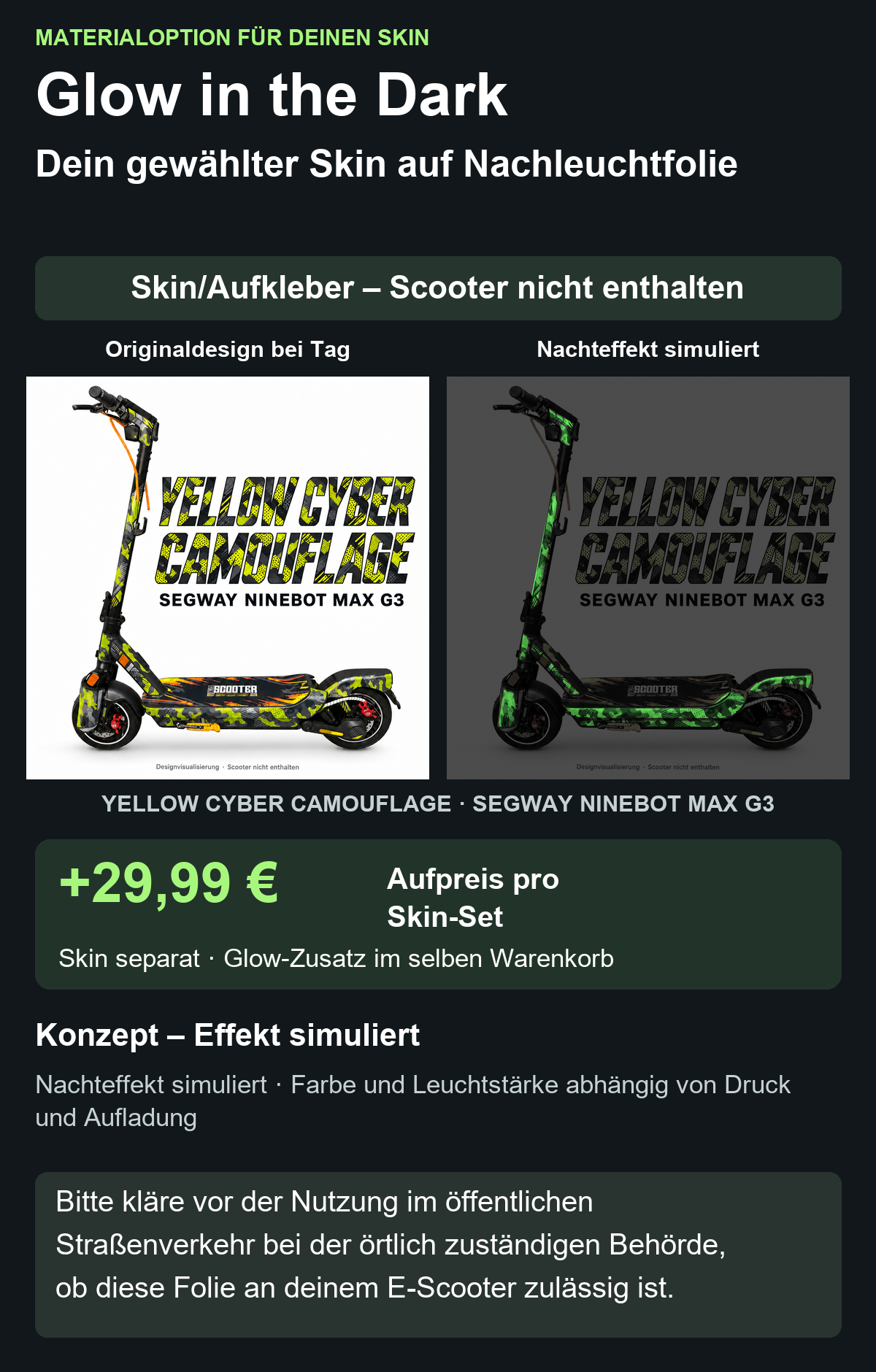 YELLOW CYBER CAMOUFLAGE · SEGWAY NINEBOT MAX G3 – Glow Zusatzoption +29,99 €; Skin separat; Effekt simuliert; Scooter nicht enthalten. Bitte kläre vor der Nutzung im öffentlichen Straßenverkehr bei der örtlich zuständigen Behörde, ob diese Folie an deinem E-Scooter zulässig ist.