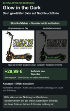 YELLOW CYBER CAMOUFLAGE · SEGWAY NINEBOT ZT3 PRO – Glow Zusatzoption +29,99 €; Skin separat; Effekt simuliert; Scooter nicht enthalten. Bitte kläre vor der Nutzung im öffentlichen Straßenverkehr bei der örtlich zuständigen Behörde, ob diese Folie an deinem E-Scooter zulässig ist.