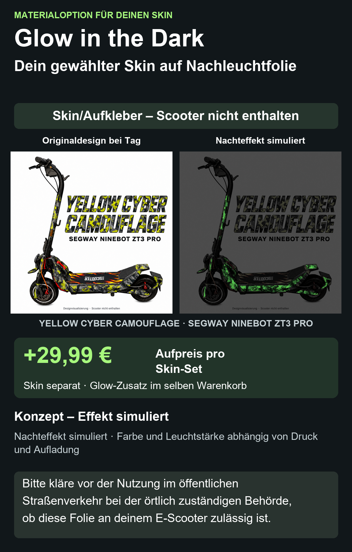 YELLOW CYBER CAMOUFLAGE · SEGWAY NINEBOT ZT3 PRO – Glow Zusatzoption +29,99 €; Skin separat; Effekt simuliert; Scooter nicht enthalten. Bitte kläre vor der Nutzung im öffentlichen Straßenverkehr bei der örtlich zuständigen Behörde, ob diese Folie an deinem E-Scooter zulässig ist.