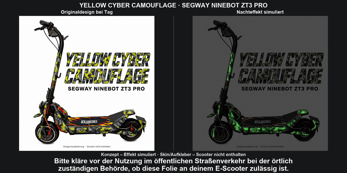 YELLOW CYBER CAMOUFLAGE · SEGWAY NINEBOT ZT3 PRO – Original bei Tag und simulierter grüner Nachleuchteffekt; Effekt simuliert; Scooter nicht enthalten. Bitte kläre vor der Nutzung im öffentlichen Straßenverkehr bei der örtlich zuständigen Behörde, ob diese Folie an deinem E-Scooter zulässig ist.