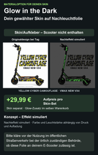 YELLOW CYBER CAMOUFLAGE · VMAX NEW VX4 – Glow Zusatzoption +29,99 €; Skin separat; Effekt simuliert; Scooter nicht enthalten. Bitte kläre vor der Nutzung im öffentlichen Straßenverkehr bei der örtlich zuständigen Behörde, ob diese Folie an deinem E-Scooter zulässig ist.