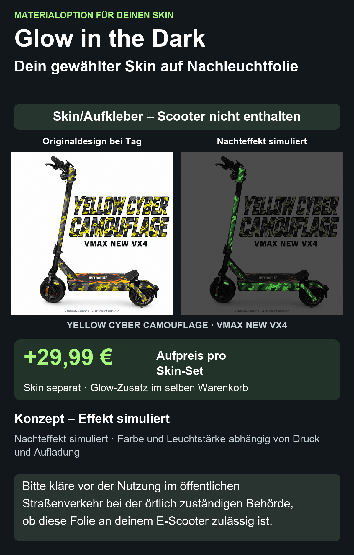 YELLOW CYBER CAMOUFLAGE · VMAX NEW VX4 – Glow Zusatzoption +29,99 €; Skin separat; Effekt simuliert; Scooter nicht enthalten. Bitte kläre vor der Nutzung im öffentlichen Straßenverkehr bei der örtlich zuständigen Behörde, ob diese Folie an deinem E-Scooter zulässig ist.